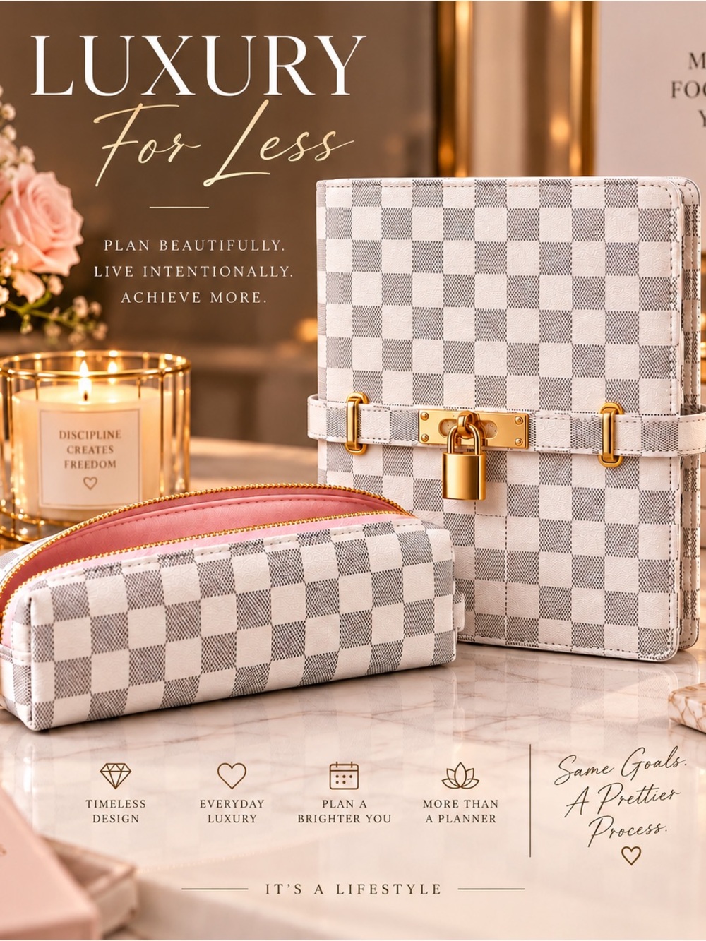 Luxury Checkered White & Gray Planner with Pink Pouch